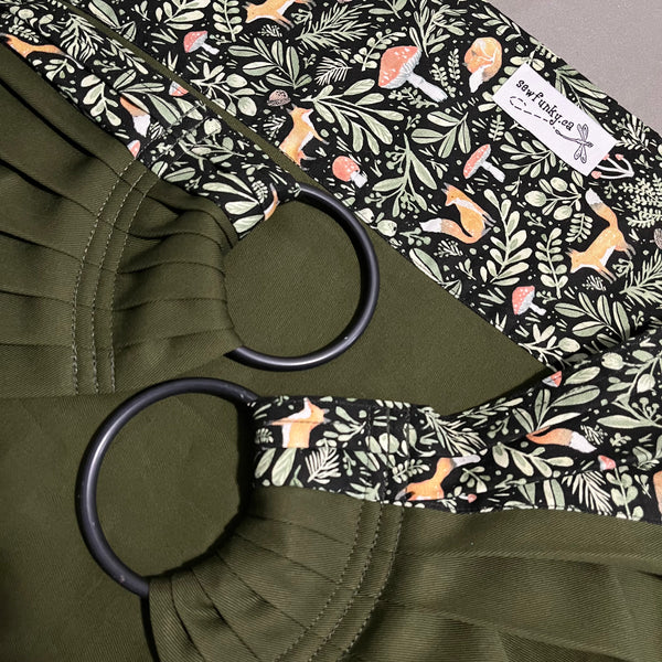 Sewfunky Designer Midwifery Weigh Sling Fox Friends on Olive Green Organic
