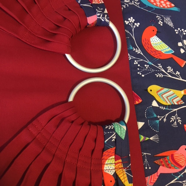Sewfunky Designer Midwifery Weigh Sling Bluebird on Red Organic Cotton