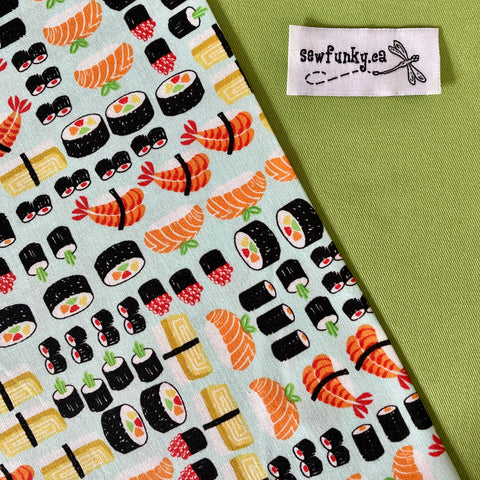 Sewfunky Designer Midwifery Weigh Sling Sushi Yum on Avocado Green Organic